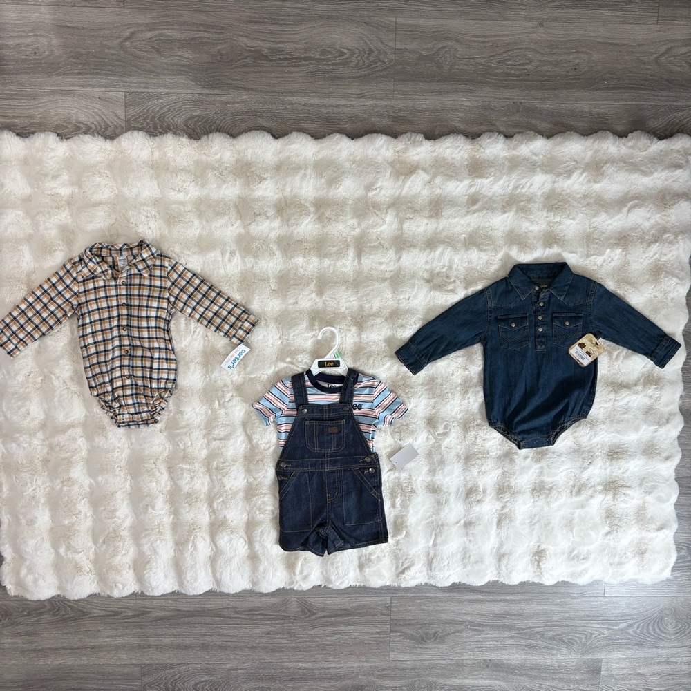 WRANGLER|LEE|CARTER’S Western Baby lot denim overalls flannel striped onesie 18M